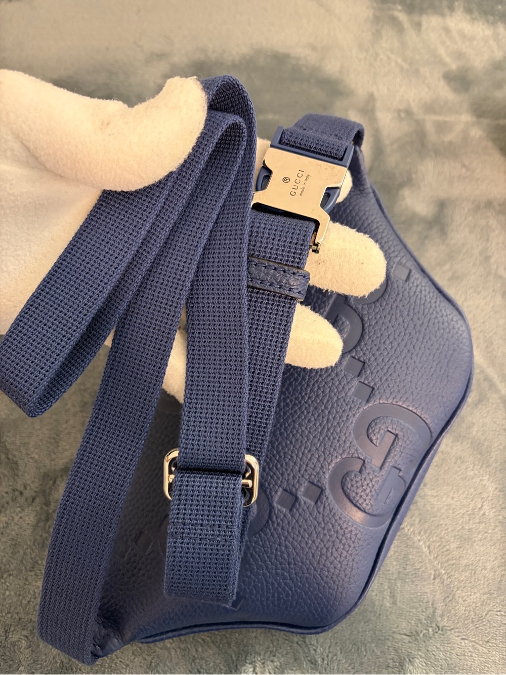 Brand New Gucci Jumbo GG Small Belt Bag Blue Embossed Leather - Picture 8 of 11